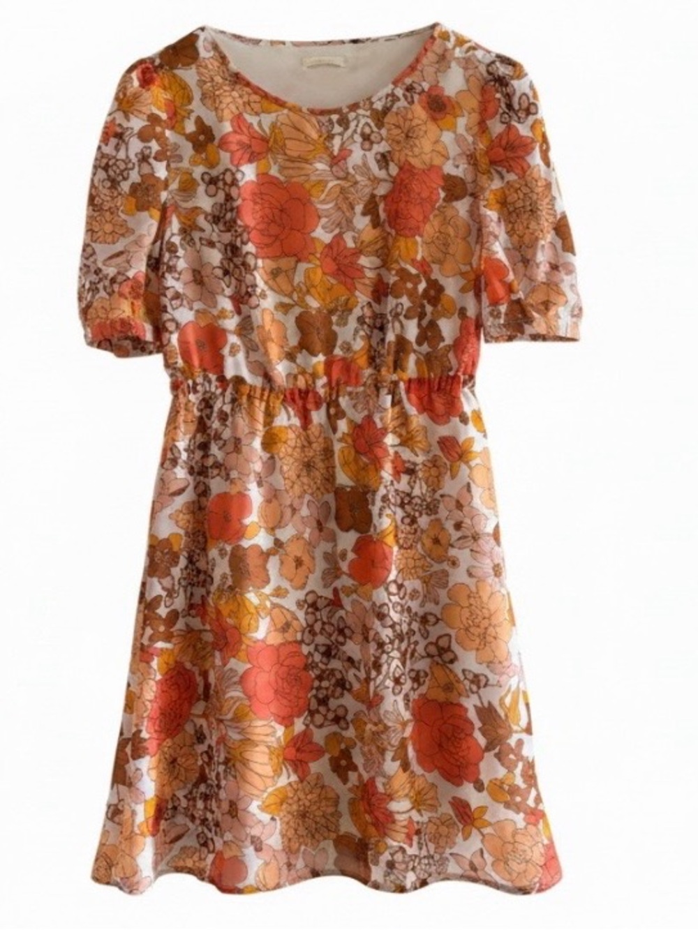 Floral Elastic-Waist Dress in Orange & Brown